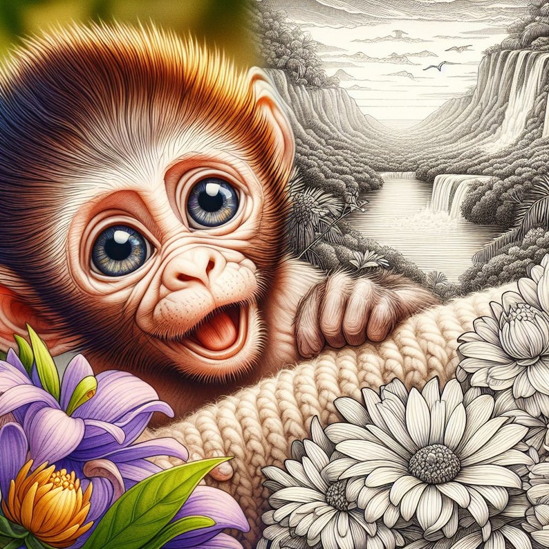 May include: A close-up of a baby monkey with brown fur and big blue eyes. The monkey is smiling and looking at the camera. The monkey is holding onto a knitted blanket with flowers in the foreground.