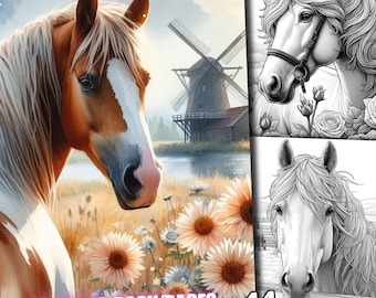 44 Horse Coloring Pages, Spring Animal Coloring Book, Grayscale for Adults and Kids Download Digital Printable Pdf