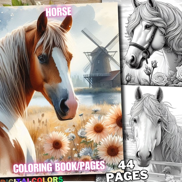 44 Horse Coloring Pages, Spring Animal Coloring Book, Grayscale for Adults and Kids Download Digital Printable Pdf