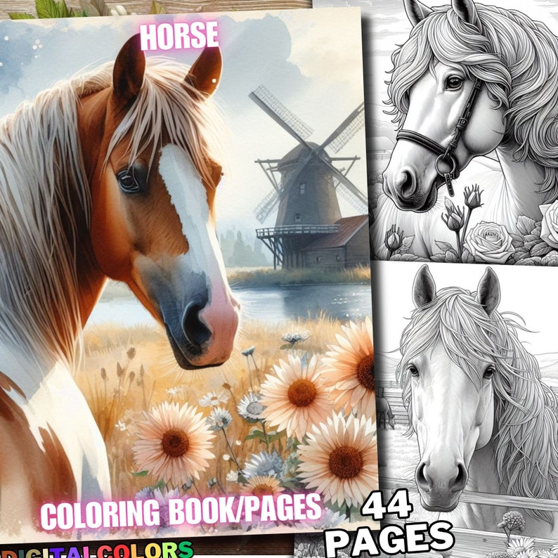 May include: A coloring book with 44 pages featuring a brown and white horse in a field with flowers and a windmill in the background. The cover also shows a black and white illustration of a horse's head.