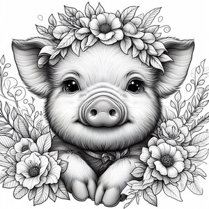 May include: A black and white illustration of a piglet wearing a flower crown. The piglet is looking at the viewer with a sweet expression. The piglet is surrounded by flowers and leaves.