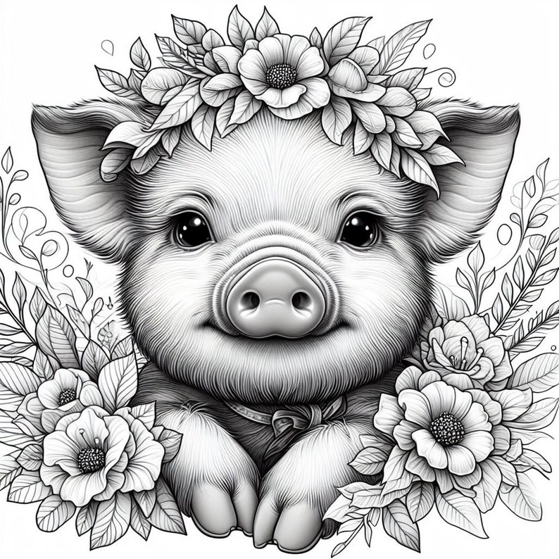 May include: A black and white illustration of a piglet wearing a flower crown. The piglet is looking at the viewer with a sweet expression. The piglet is surrounded by flowers and leaves.