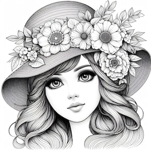 May include: Black and white illustration of a woman with long, wavy hair wearing a wide-brimmed hat adorned with large floral embellishments. The detailed drawing features large eyes and a delicate facial expression, creating a soft and feminine aesthetic.