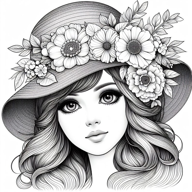 May include: Black and white illustration of a woman with long, wavy hair wearing a wide-brimmed hat adorned with large floral embellishments. The detailed drawing features large eyes and a delicate facial expression, creating a soft and feminine aesthetic.