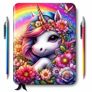 May include: A colorful notebook cover featuring a white unicorn with a rainbow mane and tail. The unicorn is surrounded by flowers in shades of pink, purple, yellow, and red. The background is a vibrant rainbow with a sparkling effect.