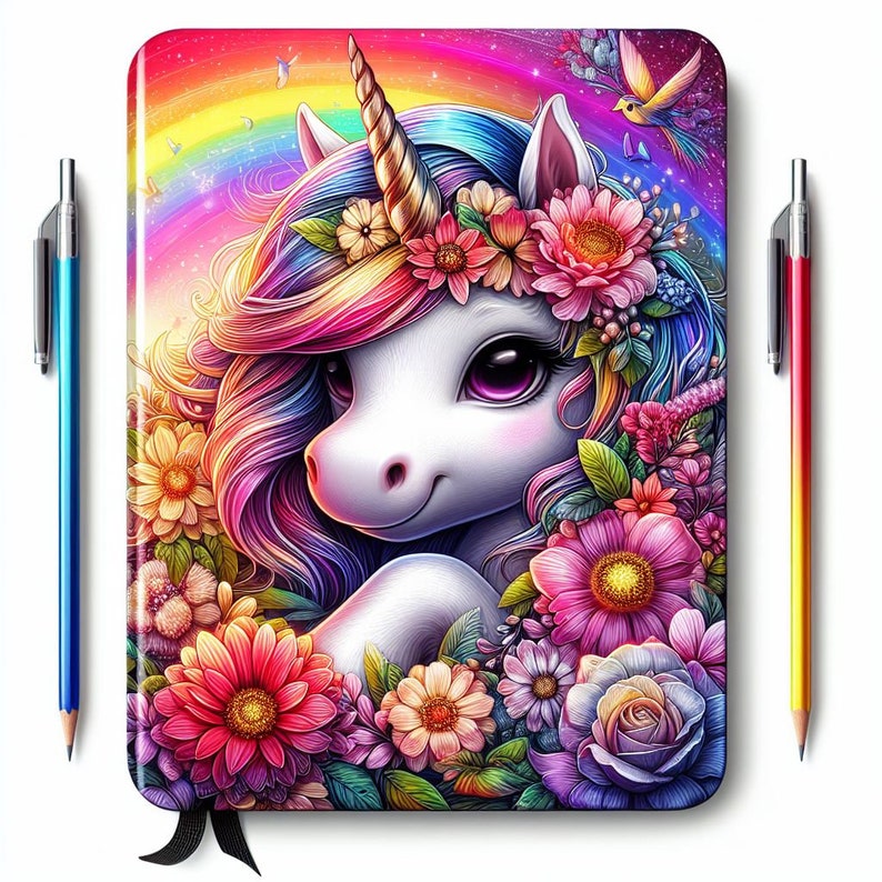 May include: A colorful notebook cover featuring a white unicorn with a rainbow mane and tail. The unicorn is surrounded by flowers in shades of pink, purple, yellow, and red. The background is a vibrant rainbow with a sparkling effect.