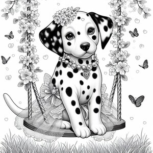 May include: A black and white Dalmatian puppy wearing a white tutu and a pearl necklace with a heart charm sits on a swing. The puppy is surrounded by flowers and butterflies.