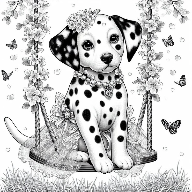 May include: A black and white Dalmatian puppy wearing a white tutu and a pearl necklace with a heart charm sits on a swing. The puppy is surrounded by flowers and butterflies.
