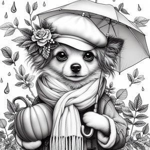 May include: A black and white illustration of a small dog wearing a hat and scarf, holding an umbrella and a pumpkin. The dog is surrounded by leaves and raindrops.