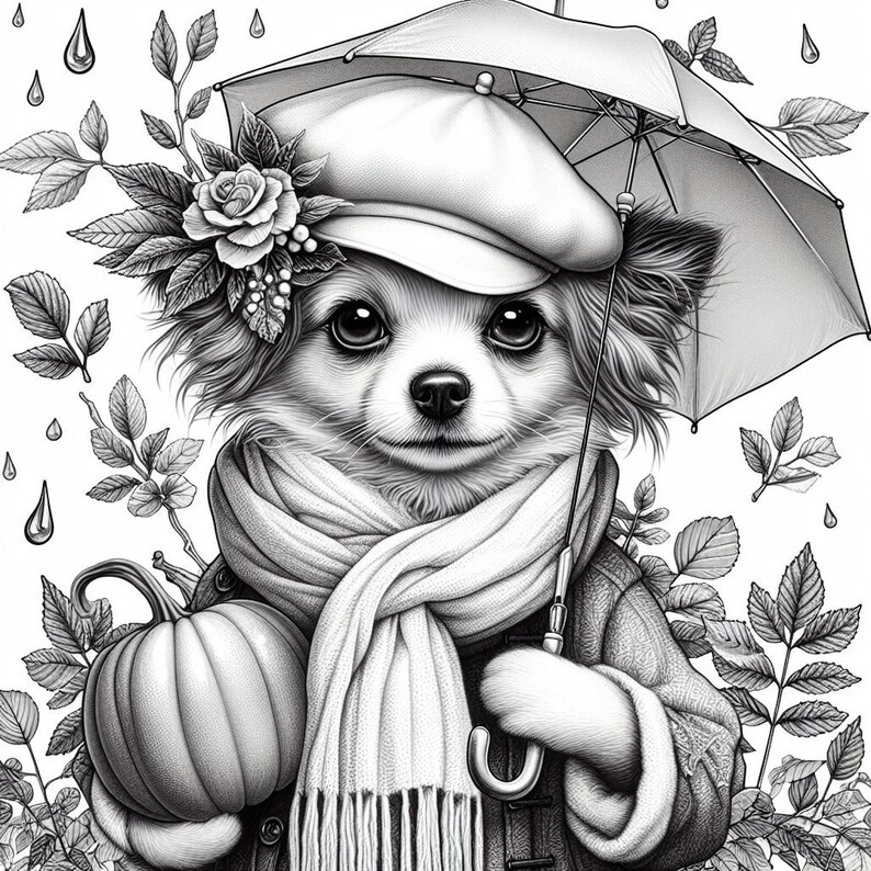 May include: A black and white illustration of a small dog wearing a hat and scarf, holding an umbrella and a pumpkin. The dog is surrounded by leaves and raindrops.