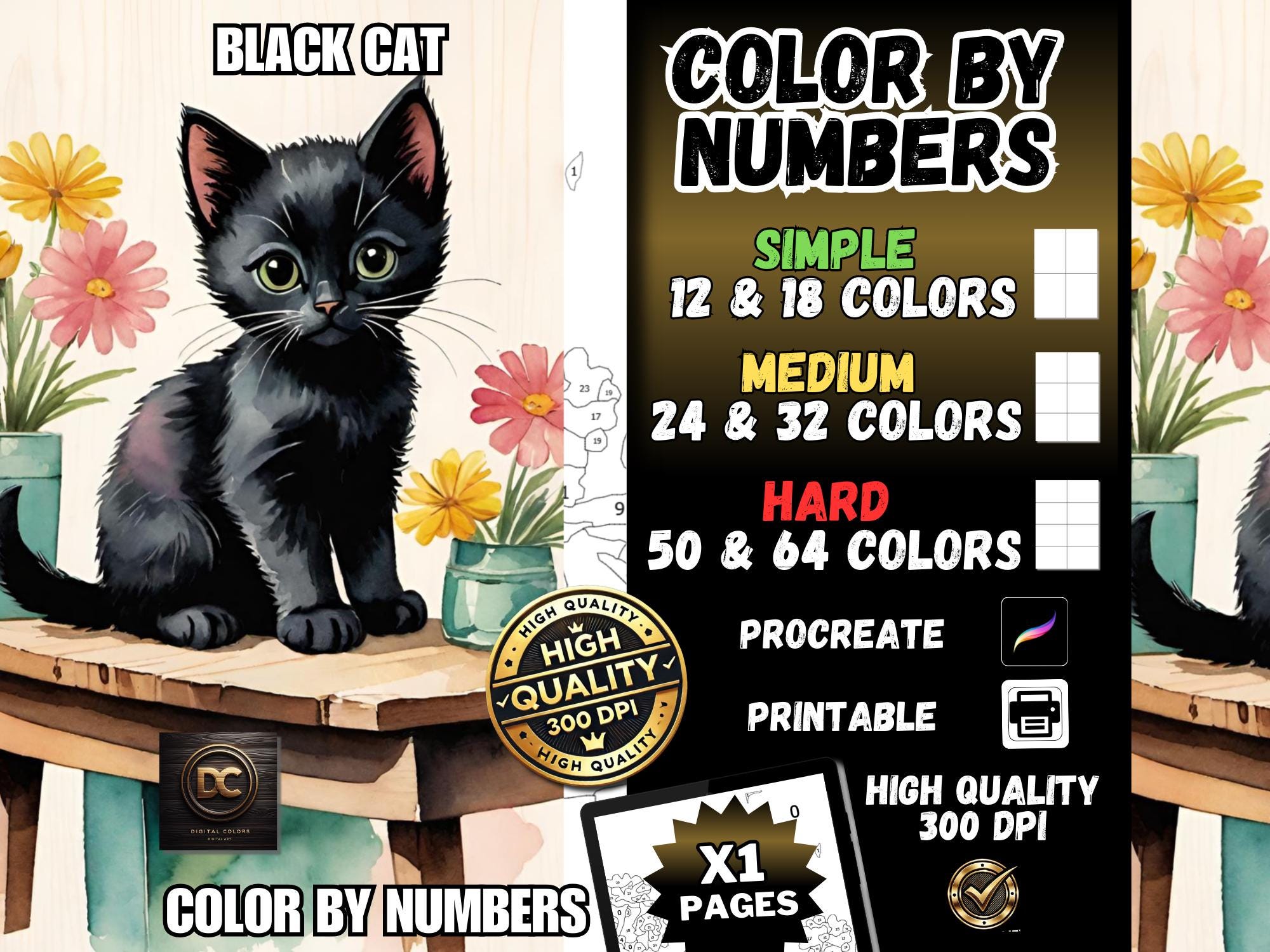 Gato preto para colorir por números – Pacote imprimível e digital – Procreate, iPad, PDF, PNG, SVG