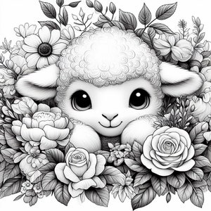 May include: A black and white illustration of a fluffy white lamb peeking out from a bed of flowers. The lamb has large, round eyes and a sweet expression. The flowers are a variety of roses, peonies, and other blooms.