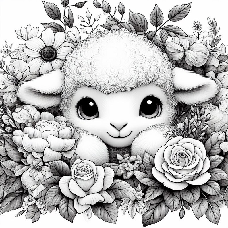 May include: A black and white illustration of a fluffy white lamb peeking out from a bed of flowers. The lamb has large, round eyes and a sweet expression. The flowers are a variety of roses, peonies, and other blooms.