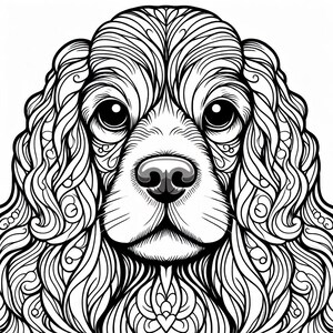 May include: Black and white line art illustration of a cocker spaniel dog with intricate details in the fur. The dog's face is centered in the image with its eyes, nose, and mouth clearly visible.