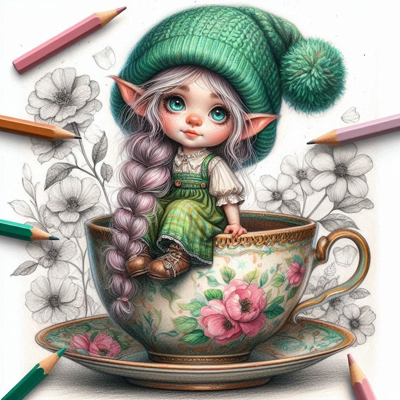 75 Gnome Coloring Book, Gnome Coloring Pages, Gnome in Tea Cup, Elves