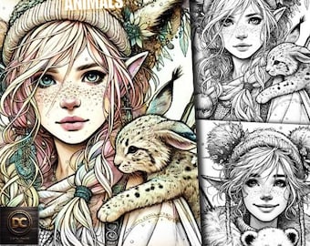 May include: A coloring book cover featuring a fairy with pink hair and a winter hat, holding a lynx. The cover also includes the text "Winter Fairies & Jungle Animals" and "35 Pages".