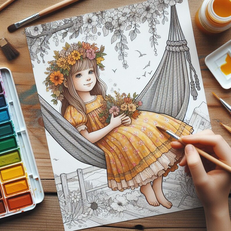 53 Flower Girl in Hammock Coloring, Floral Woman Coloring Pages, Women