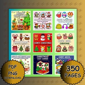 May include: Nine Christmas-themed coloring books are displayed, featuring illustrations of Santa, penguins, and winter scenes. Titles include "Merry Christmas" and "Comfy Winter." The image also shows a "PDF + PNG Download" graphic and a badge indicating "350 Pages."