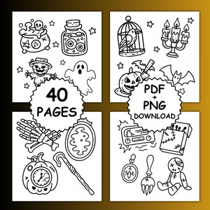 Puede incluir: Ilustraciones en blanco y negro de objetos con tem&aacute;tica de Halloween, que incluyen un caldero, un tarro de globos oculares, un p&aacute;jaro en una jaula, velas, un espantap&aacute;jaros, un fantasma, una mano de esqueleto, una calabaza y m&aacute;s. Tambi&eacute;n se incluye el texto "40 PAGES" y "PDF + PNG DOWNLOAD".