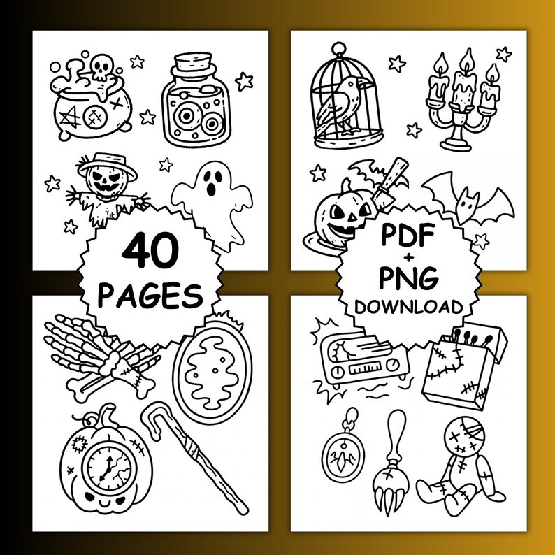 Puede incluir: Ilustraciones en blanco y negro de objetos con tem&aacute;tica de Halloween, que incluyen un caldero, un tarro de globos oculares, un p&aacute;jaro en una jaula, velas, un espantap&aacute;jaros, un fantasma, una mano de esqueleto, una calabaza y m&aacute;s. Tambi&eacute;n se incluye el texto "40 PAGES" y "PDF + PNG DOWNLOAD".