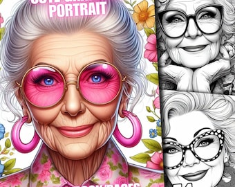 May include: A coloring book with a cover featuring a cartoon illustration of a grandmother with pink glasses and earrings. The title of the book is "Cute Grandma Portrait" and the text "Coloring Book/Pages" is at the bottom of the cover. The book has 54 pages.