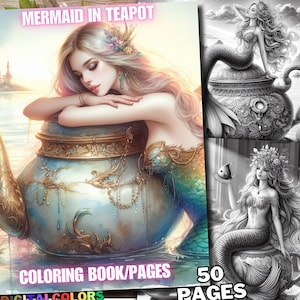 Puede incluir: Un libro para colorear con una sirena en una tetera. La sirena está descansando su cabeza en la tapa de la tetera. El libro tiene 50 páginas y se titula "Mermaid in Teapot".