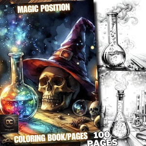 Puede incluir: Una portada de libro para colorear con una calavera que lleva un sombrero de bruja morado y rojo, con una botella de poción en primer plano. El texto de la portada dice "MAGIC POSITION COLORING BOOK/PAGES 100 PAGES".