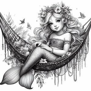 May include: A black and white illustration of a mermaid with long flowing hair wearing a flower crown and sitting in a hammock. The hammock is decorated with beads and flowers.