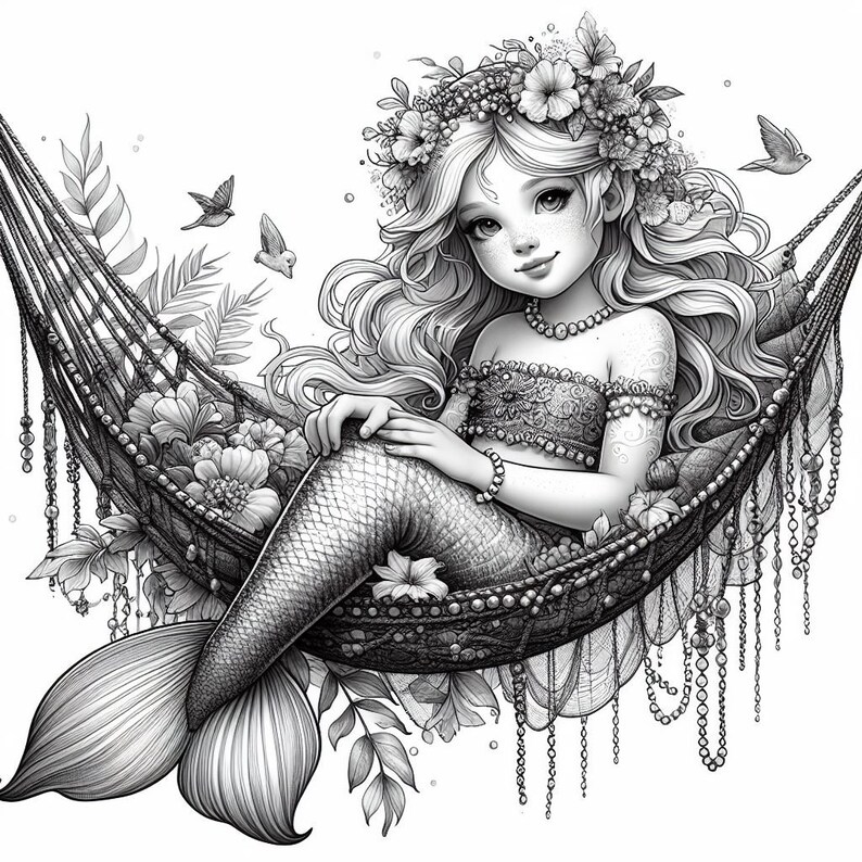 May include: A black and white illustration of a mermaid with long flowing hair wearing a flower crown and sitting in a hammock. The hammock is decorated with beads and flowers.
