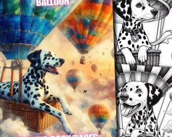 42 pagine da colorare di cani dalmata in mongolfiera, libro da colorare di cani dalmata in mongolfiera, pagine da colorare in scala di grigi per bambini adulti stampabili