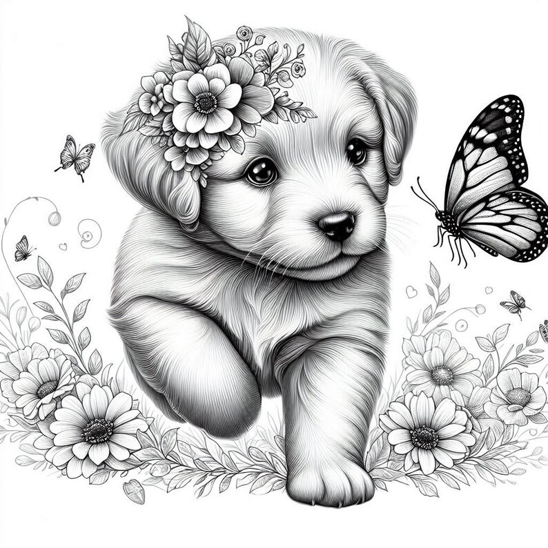 May include: A black and white illustration of a puppy wearing a flower crown and walking towards a butterfly. The puppy is surrounded by flowers and leaves.
