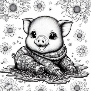 May include: A black and white illustration of a pig wearing a knitted sweater and sitting in a puddle of mud. The pig has a happy expression on its face and is surrounded by flowers.