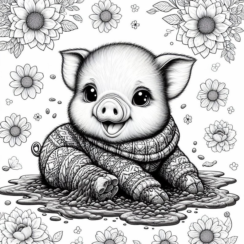 May include: A black and white illustration of a pig wearing a knitted sweater and sitting in a puddle of mud. The pig has a happy expression on its face and is surrounded by flowers.