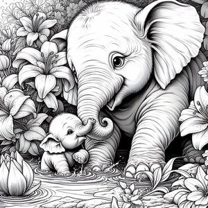 K&ouml;nnte beinhalten: Eine Schwarzwei&szlig;illustration von zwei Elefanten, einer Mutter und ihrem Jungen, die in einem Teich stehen, umgeben von Seerosen und Blumen. Die Elefantenmutter ist gr&ouml;&szlig;er und hat einen sanften Ausdruck, w&auml;hrend das Elefantenbaby kleiner ist und zu seiner Mutter aufblickt.