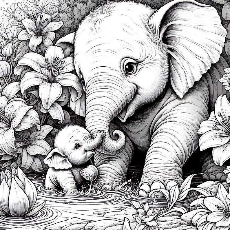 K&ouml;nnte beinhalten: Eine Schwarzwei&szlig;illustration von zwei Elefanten, einer Mutter und ihrem Jungen, die in einem Teich stehen, umgeben von Seerosen und Blumen. Die Elefantenmutter ist gr&ouml;&szlig;er und hat einen sanften Ausdruck, w&auml;hrend das Elefantenbaby kleiner ist und zu seiner Mutter aufblickt.