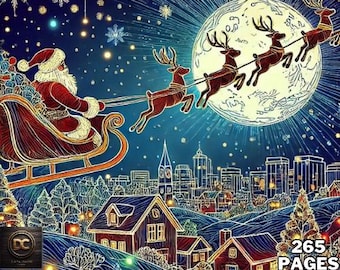 May include: A grayscale coloring book featuring a Christmas scene with Santa Claus in a sleigh pulled by reindeer flying past a full moon. The book includes 265 pages of coloring fun.