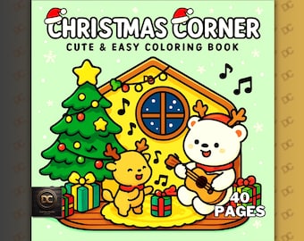 Christmas Corner - een opvallend en gemakkelijk kleurboek voor volwassenen - schattige, gezellige vakantietaferelen, Coco Wyo-stijl, afdrukbaar in PDF-formaat + Procreate PNG-pagina's