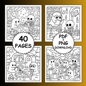 May include: Black and white digital download featuring four square illustrations with Halloween themes. The images include ghosts, skeletons, cauldrons, pumpkins, and a camper. Text on the images reads "40 PAGES" and "PDF + PNG DOWNLOAD".