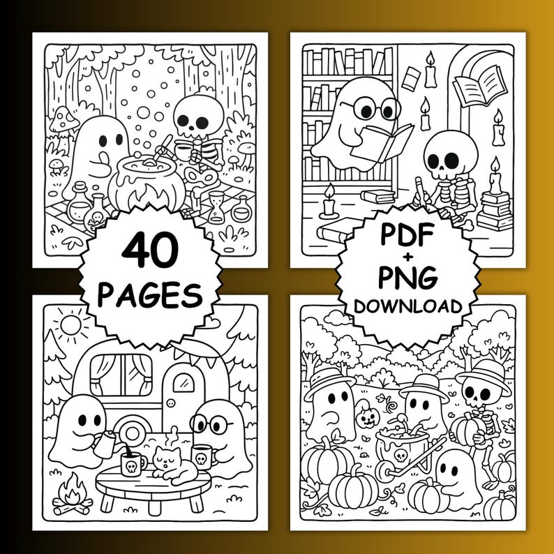 May include: Black and white digital download featuring four square illustrations with Halloween themes. The images include ghosts, skeletons, cauldrons, pumpkins, and a camper. Text on the images reads "40 PAGES" and "PDF + PNG DOWNLOAD".