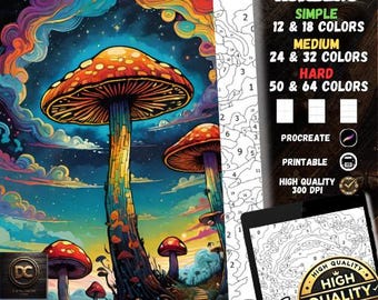 Coloring by Numbers, Digital Coloring Book, Paint by Numbers, Procreate Coloring Pages, Ipad Coloring Enchanted Mushrooms Printable Coloring