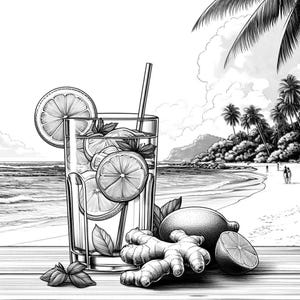 May include: Black and white illustration of a refreshing drink with lemon slices, mint, and a straw in a tall glass. Ginger and lemons are placed next to the glass. The background shows a beach scene with palm trees and the ocean.