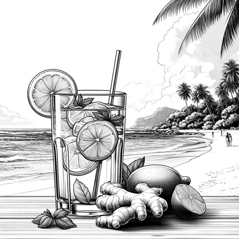 May include: Black and white illustration of a refreshing drink with lemon slices, mint, and a straw in a tall glass. Ginger and lemons are placed next to the glass. The background shows a beach scene with palm trees and the ocean.