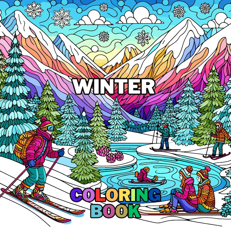 May include: A colorful illustration of a winter scene with skiers, snow-covered mountains, and evergreen trees. The word "WINTER" is displayed in large white letters, and the words "COLORING BOOK" are below it.
