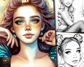 35 Mermaid in a Lunar Sky Coloring Pages, Mermaid Coloring Book, Mermaid Coloring Grayscale adults kids Download Printable Pdf