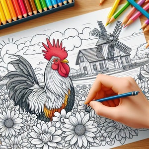 May include: A black and white coloring page featuring a rooster standing in a field of flowers. A windmill and a farmhouse are in the background. A hand is holding a blue pencil and coloring the flowers.