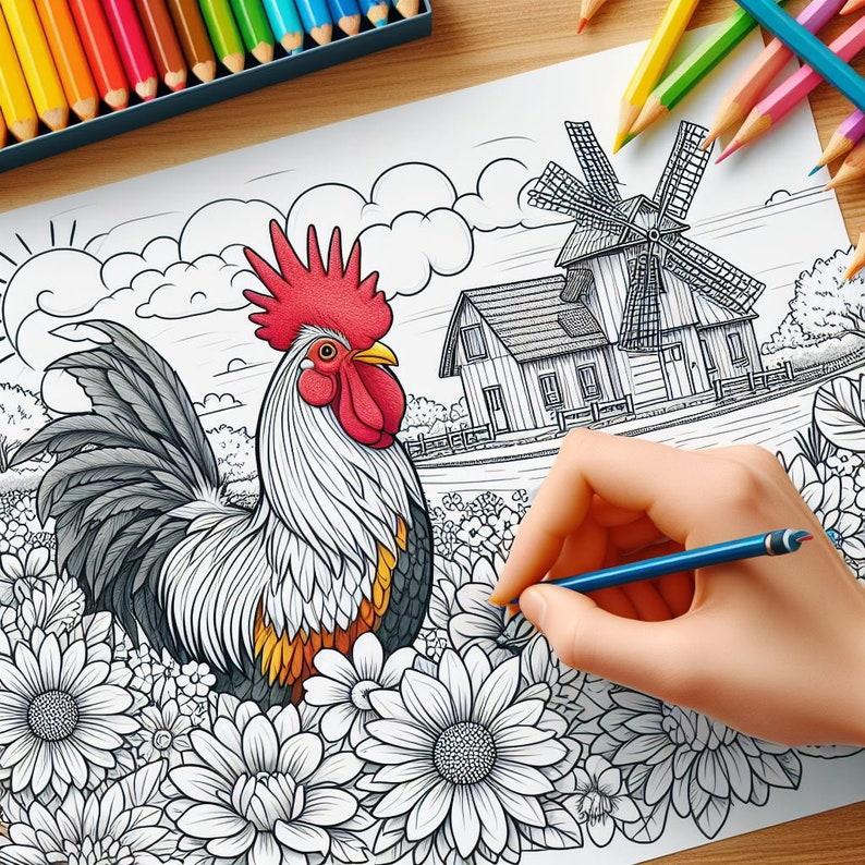 May include: A black and white coloring page featuring a rooster standing in a field of flowers. A windmill and a farmhouse are in the background. A hand is holding a blue pencil and coloring the flowers.