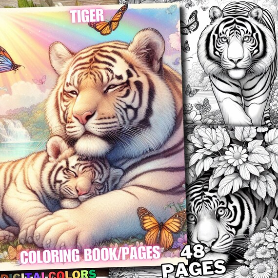 48 Tiger Coloring Pages, Spring Animal Coloring Pages, Forest Animal Coloring Book, Grayscale Digital Download Printable for Adult & kids