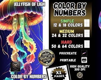Coloring by numbers, digital coloring pages, paint by numbers, Procreate coloring book, adult coloring, Ipad Coloring, Jellyfish of Light
