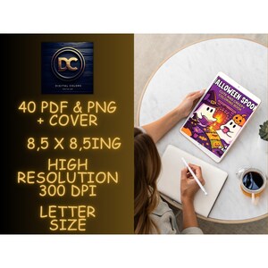 May include: A digital art product advertisement. The image shows a tablet displaying a Halloween-themed coloring book cover. Text on the left side details the product: 40 PDF & PNG files, 8.5 x 8.5 inches, high resolution, and letter size.