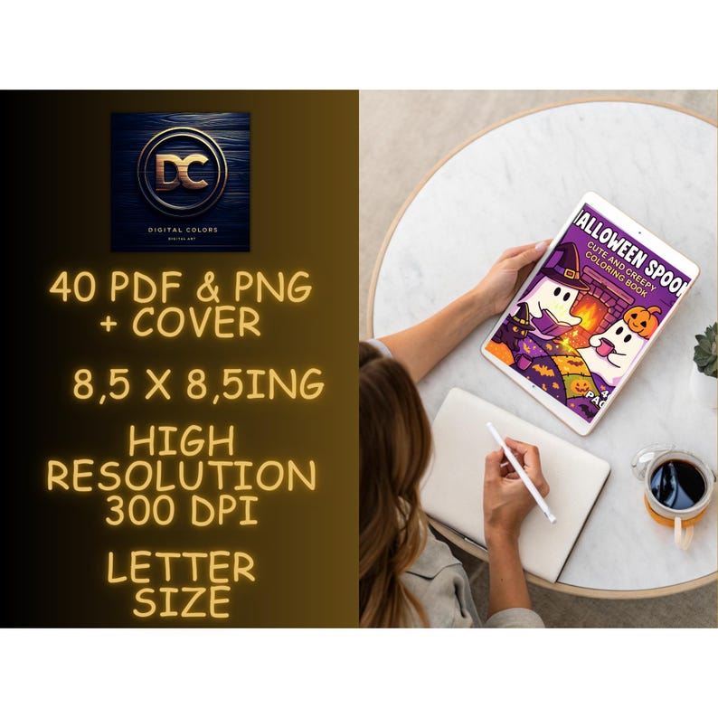 May include: A digital art product advertisement. The image shows a tablet displaying a Halloween-themed coloring book cover. Text on the left side details the product: 40 PDF & PNG files, 8.5 x 8.5 inches, high resolution, and letter size.